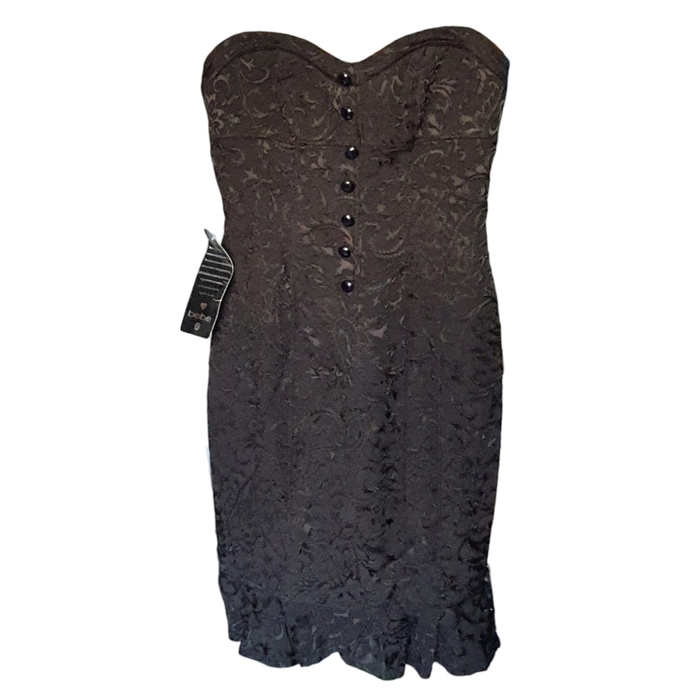 NWOT Bebe Strapless Mini Dress Size 4 Sweetheart Neckline Ruffle Black Cocktail